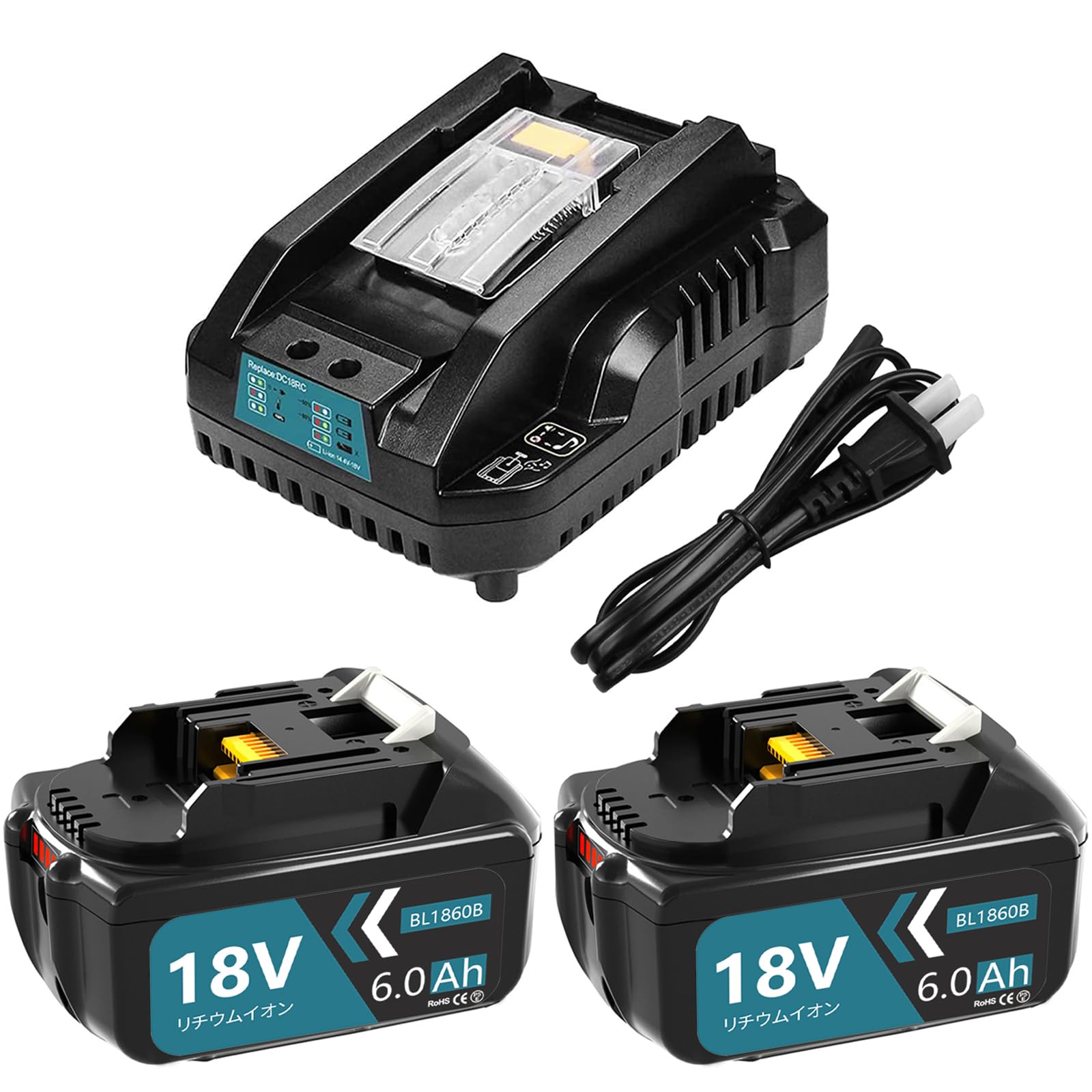 互換 マキタ 18v バッテリー BL1860B 6000mAh大容量 2個 マキタ 18v バッテリー 充電器セット DC18RC充電器付き BL1815N BL1830B BL1860Bなど互換
