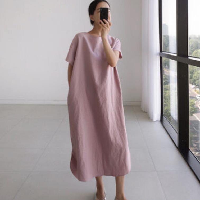 ワンピース ロング ロング丈 袖あり かわいい 大人可愛い きれいめ シンプル カジュアル 大人 半袖 ラウンドネック 無地 マキシ丈 スリット アウトドア 楽ちん 体型カバー マタニティ ママ 春夏