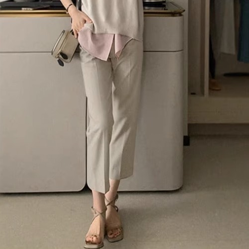 パンツ ボトムス ロングパンツ ロング 9分丈 アンクル丈 ストレート センタープレス ファスナー ポケット 前開き コンサバ きれいめ シンプル カジュアル おしゃれ かっこいい レトロ こなれ感