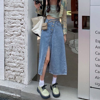 スカート レディース ロング丈 スリット デニム 無地 カジュアル シンプル かわいい タイト きれいめ 休日 公園 旅行 ブルー 2XL 3XL 4XL 韓国 モテ コーデ 普段使い お揃い 春