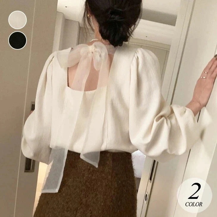 バックリボン シャツ レディース パフスリーブ トップス 長袖 バックタイ タイリボン キレイめ オシャレ プルオーバー 春 秋 二次会 パーティー 韓国ファッション
