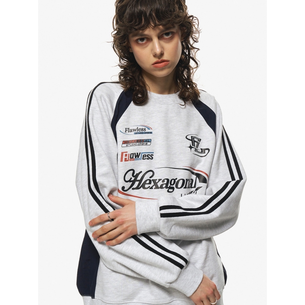 CPGN ヘキサゴナルラグランスウェットシャツメランジホワイト