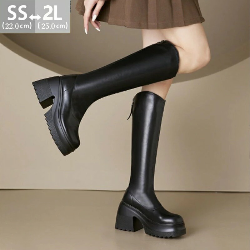 新品更新 ブーツ レディース ロングブーツ フェイクレザー スエード チャンキーヒール 歩きやすい 痛くない レディース 靴 ブラック 黒 ジョキー風ブーツ 22cm 22.5cm 23.0cm 23