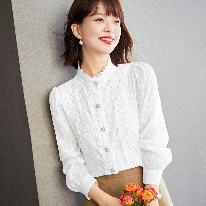 レディース トップス ブラウス 秋 女性 韓国 カジュアル フェアリー レース シフォン シャツ 長袖 スタンドカラー シングルブレスト 通勤 オフィス 薄手 軽量 柔らかい 5,000円