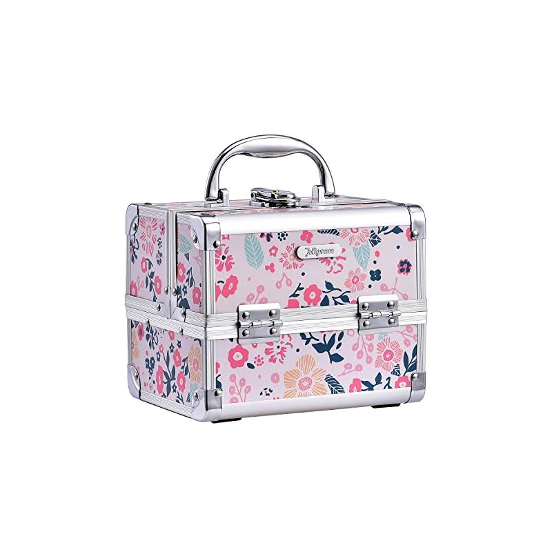 Hapilife メイクボックス 鏡付き コスメボックス 2段 スライドトレイ メイク用品収納 プロ仕様 小型 化粧箱 プレゼント フラワー柄 (ピンク)