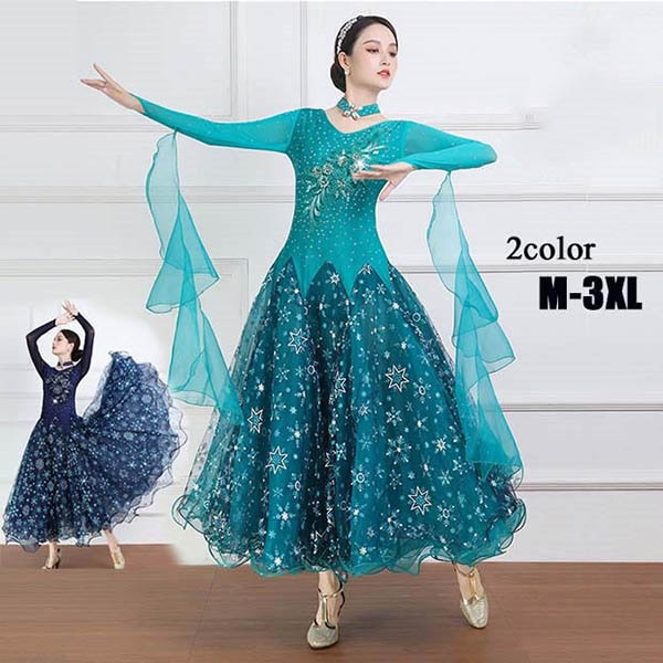 【激安販売】社交ダンス衣装 ダンスウエア キラキラ　社交ダンス モダン ピンクドレス 衣装 発表会 広がる裾 豪華 競技着 練習着 演出用 ワルツダンス デモ用 パーティー用 ネイビー ブルーグリーン