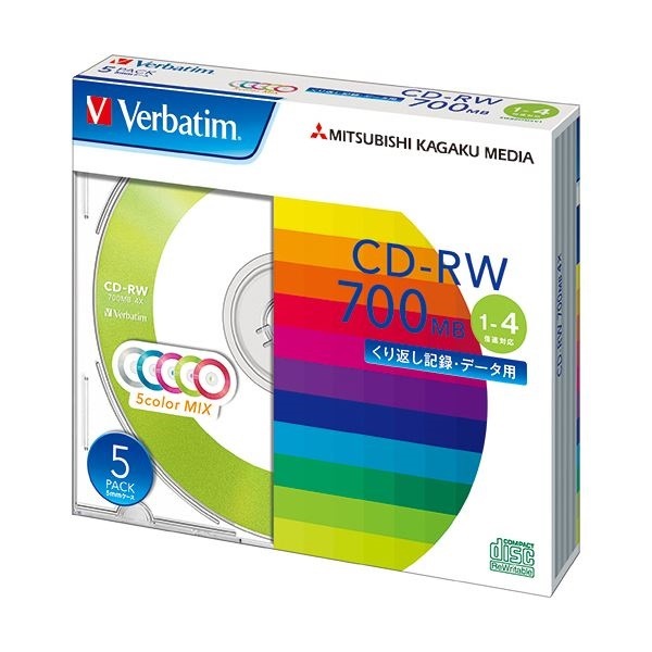 （まとめ）バーベイタム データ用CD-RW700MB 4倍速 5色カラーMIX 5mmスリムケース SW80QM5V1 1パック（5枚） 5セット