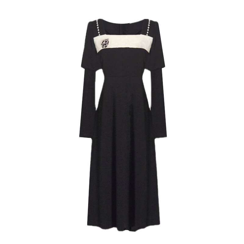 ワンピース フレアワンピース ロング ロング丈 袖あり 長袖 パフスリーブ スクエアネック Aライン ウエストマーク かわいい 大人可愛い 大人 上品 おしゃれ お洒落 かっこいい レトロ 大人女子