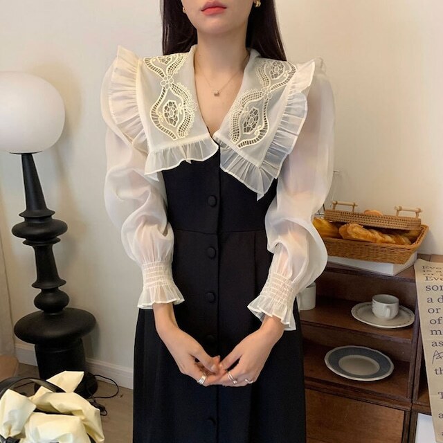 レディース ドッキング ビッグカラー ワンピース レースワンピース Vネック シースルー レイヤード風 エレガント ドレス 長袖 レイヤード風 大人可愛い ママコーデ ママファッション 韓国系 オルチ