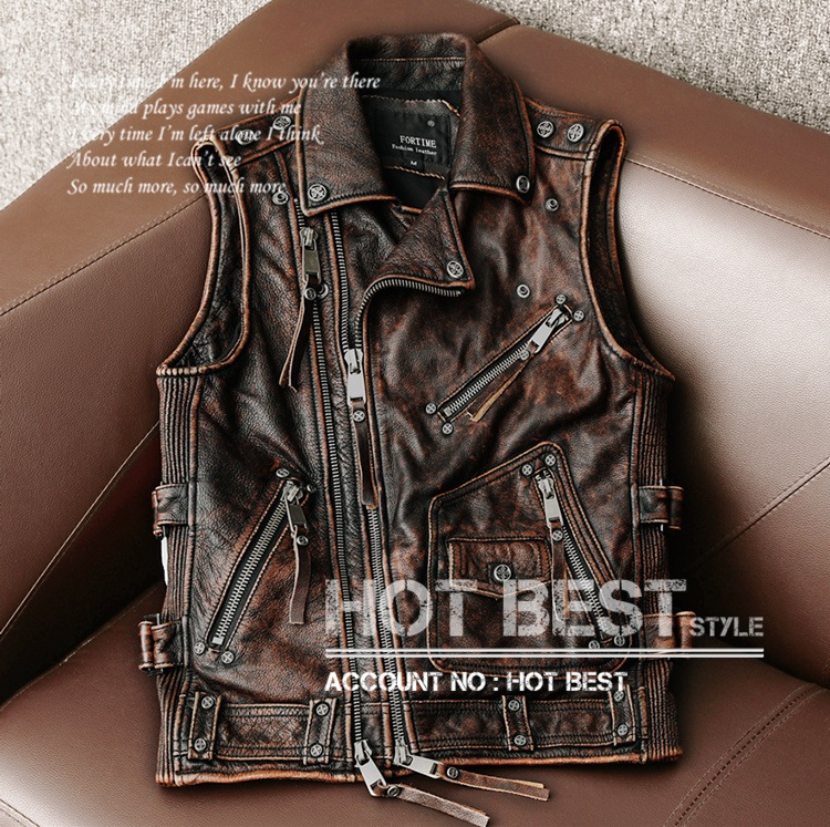 茶芯カウハイド 本革 メンズ レザーベスト 皮ベスト デザイナーズ ミリタリー ジレ レザージャケット ヴィンテージ加工 クロム鞣し 牛革