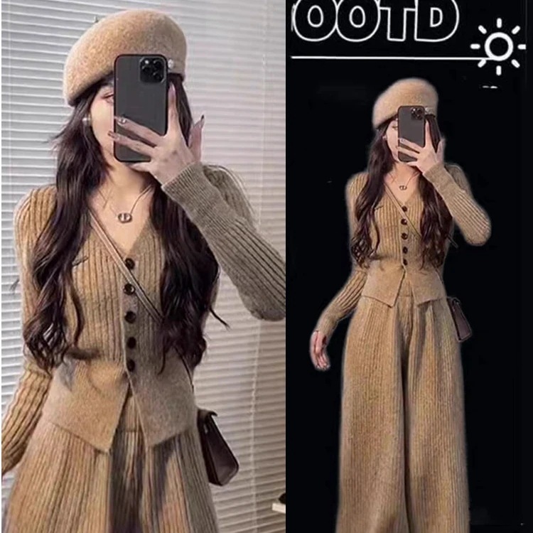 ニットセットアップ レディース リブニット カーディガン ワイドパンツ 2点セット 長袖 Vネック ボタン付き ベージュ グレー カジュアル