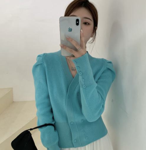 ニット ニットカーディガン レディース 長袖 長袖ニット 羽織 トップス 春 秋冬 パフショルダー ダブルボタン パワーショルダー Vネック セーター きれいめ 上品 韓国風 大人可愛い カジュアル