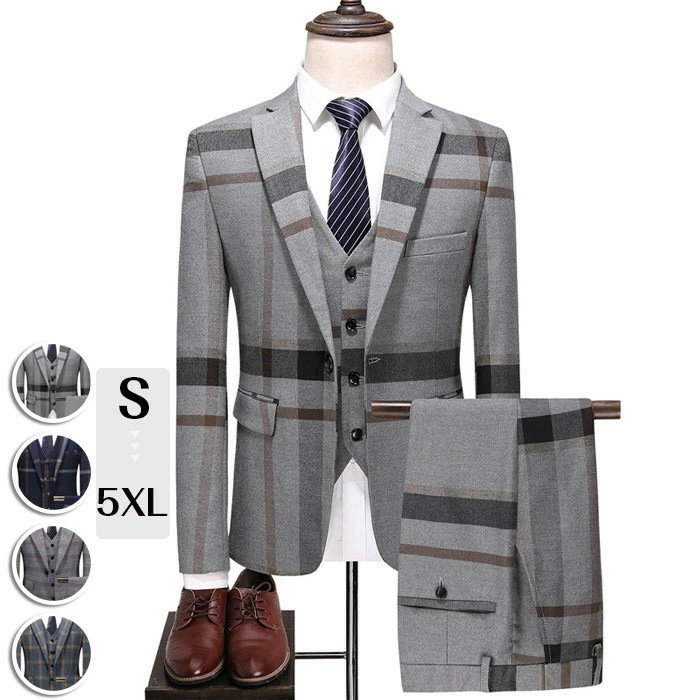 お安く提供メンズスーツ チェック柄 ビジネススーツ 3ピース スリーピース スーツ スリムスーツ 大きいサイズ 紳士服 ネイビー グレー 1つボタン スリム ビジネス ベスト suit オシャレ ファ