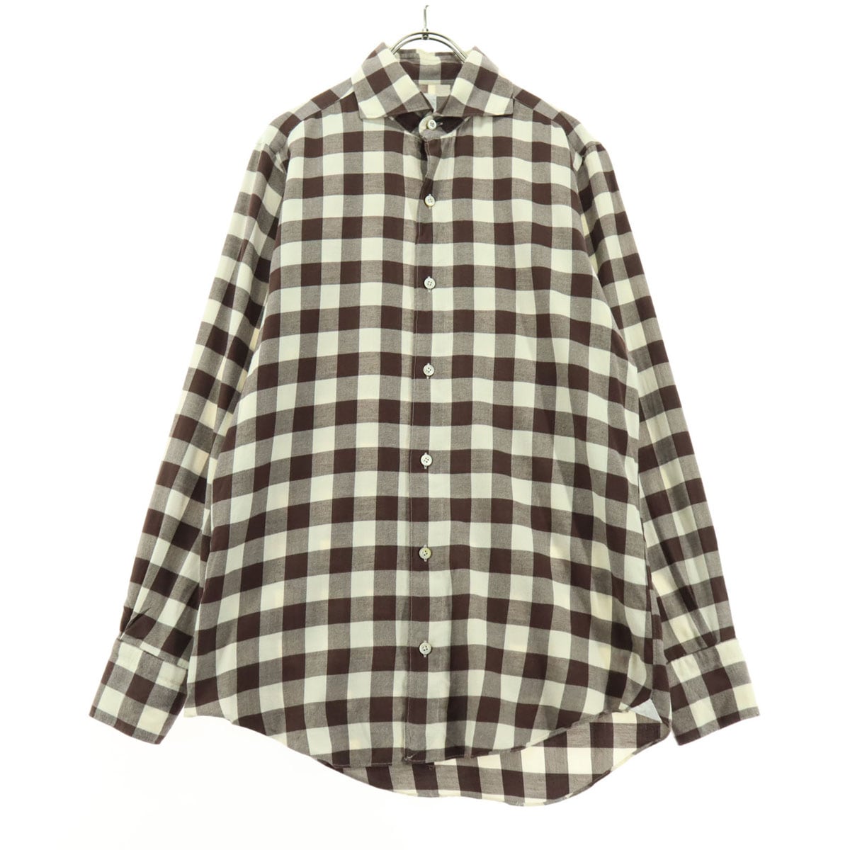 美品 イタリア製 チェック柄 長袖 シャツ ブラウン メンズ 古着