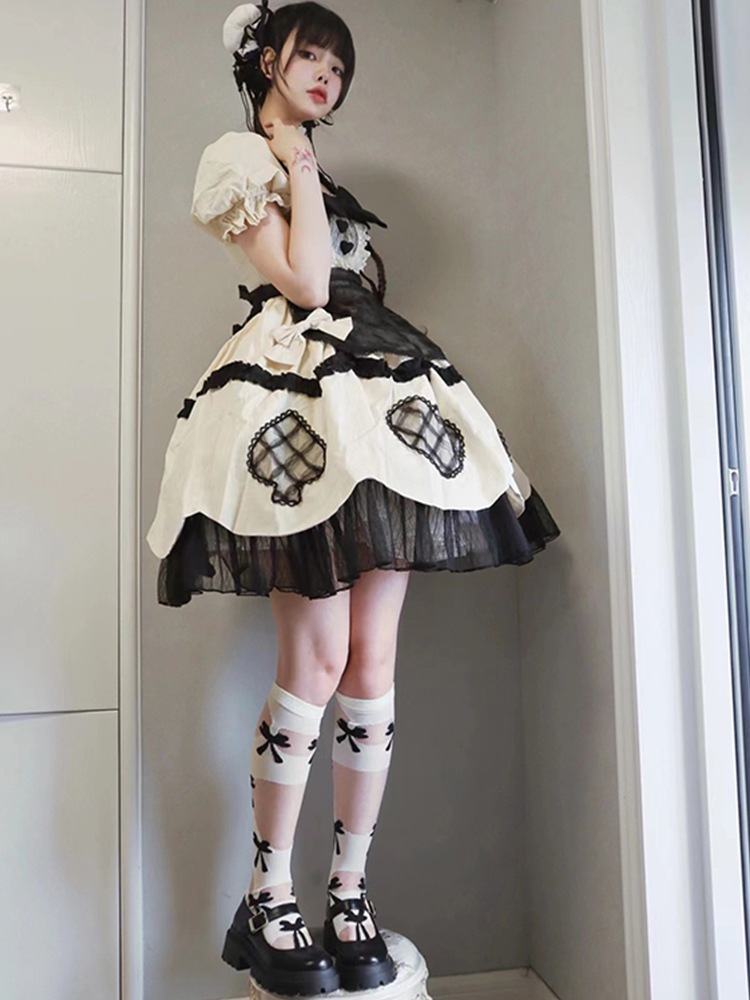 キャミソールワンピースロリータ 白雪姫甘くて可愛いロリータリボンホルターネックドレスレディース春夏ラブメッシュドレスロリータプリンセスドレス
