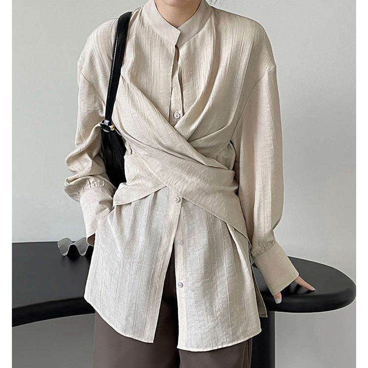 トップス レディース シャツ ブラウス 長袖 スタンドカラー ボタン 前開き ウエストマーク チュニック 体型カバー 細見え 華奢見え 大人可愛い おしゃれ お洒落 かっこいい きれいめ シンプル カ