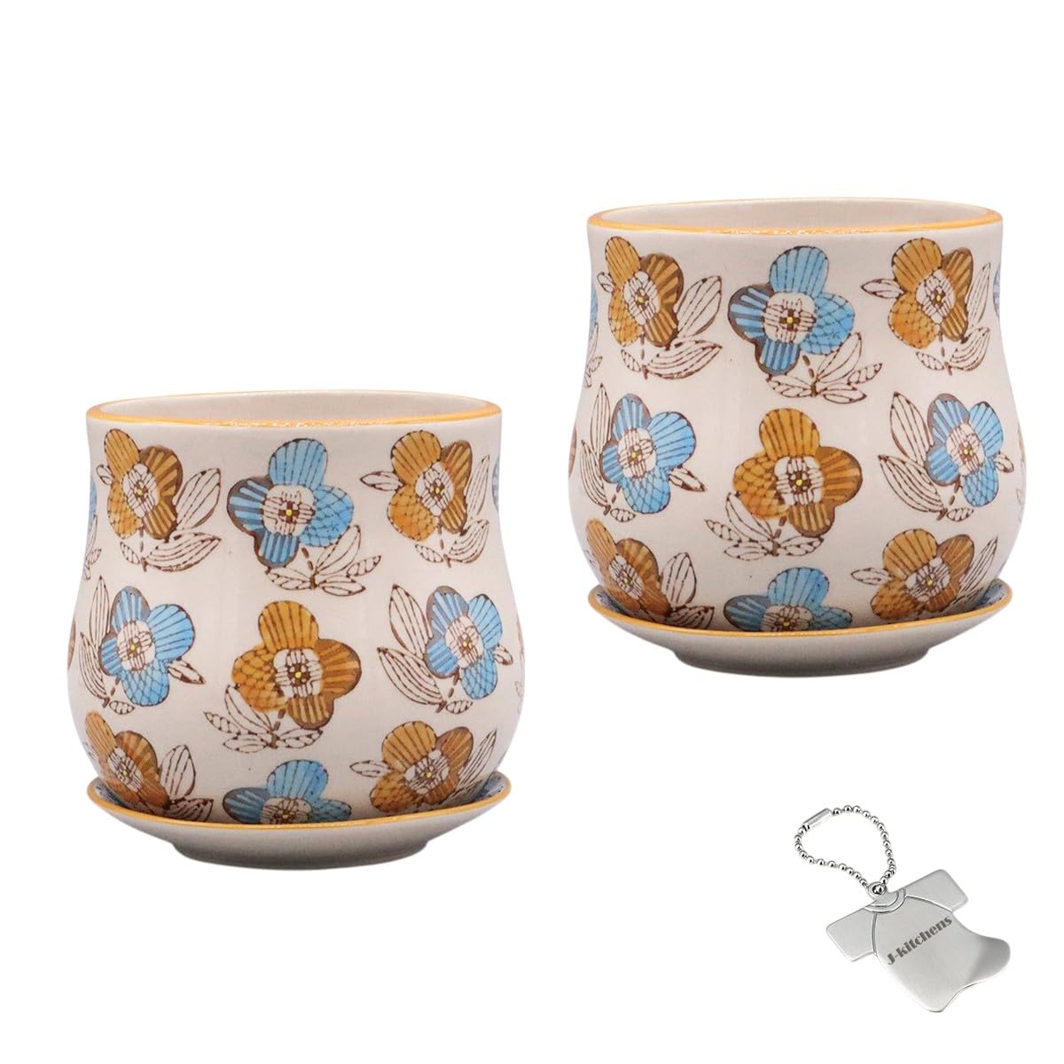 J-kitchens Select 2個入 セット 花瓶 陶器 植木鉢 受け皿付き フラワー 東欧風 プランター E Φ12xH10cm オレンジ （オリジナルタグ１個付）No5654