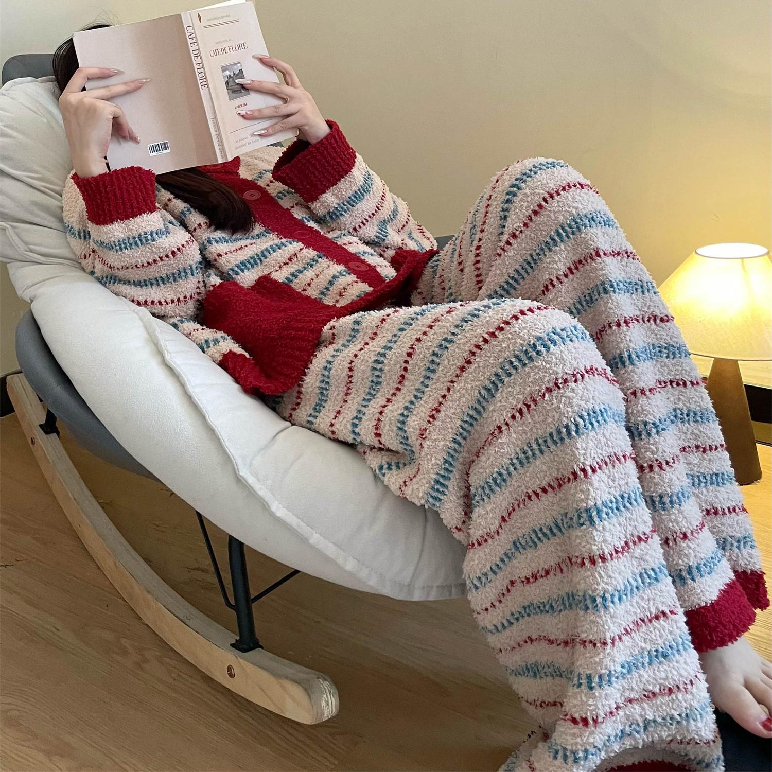 韓国風の高級カーディガン半フリースパジャマ冬プラスサイズ厚手で暖かいレディースラウンジウェアセット