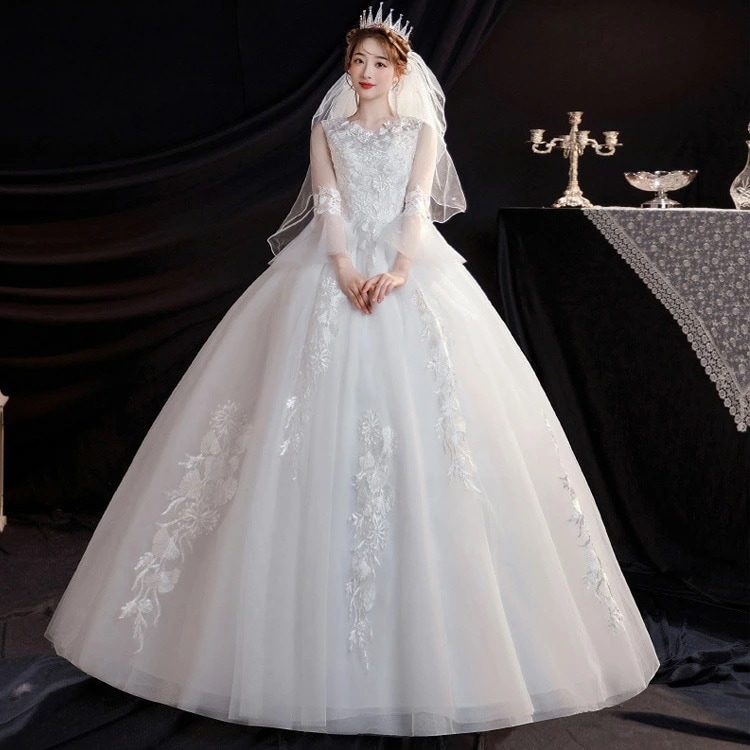 激安 ウェディングドレス 大きいサイズ マタニティ 袖あり 結婚式ドレス 刺繍花柄 オシャレ ロングドレス ブライダルドレス 白 ホワイトドレス チュール プリンセスドレス 二次会ドレス スピーカー袖