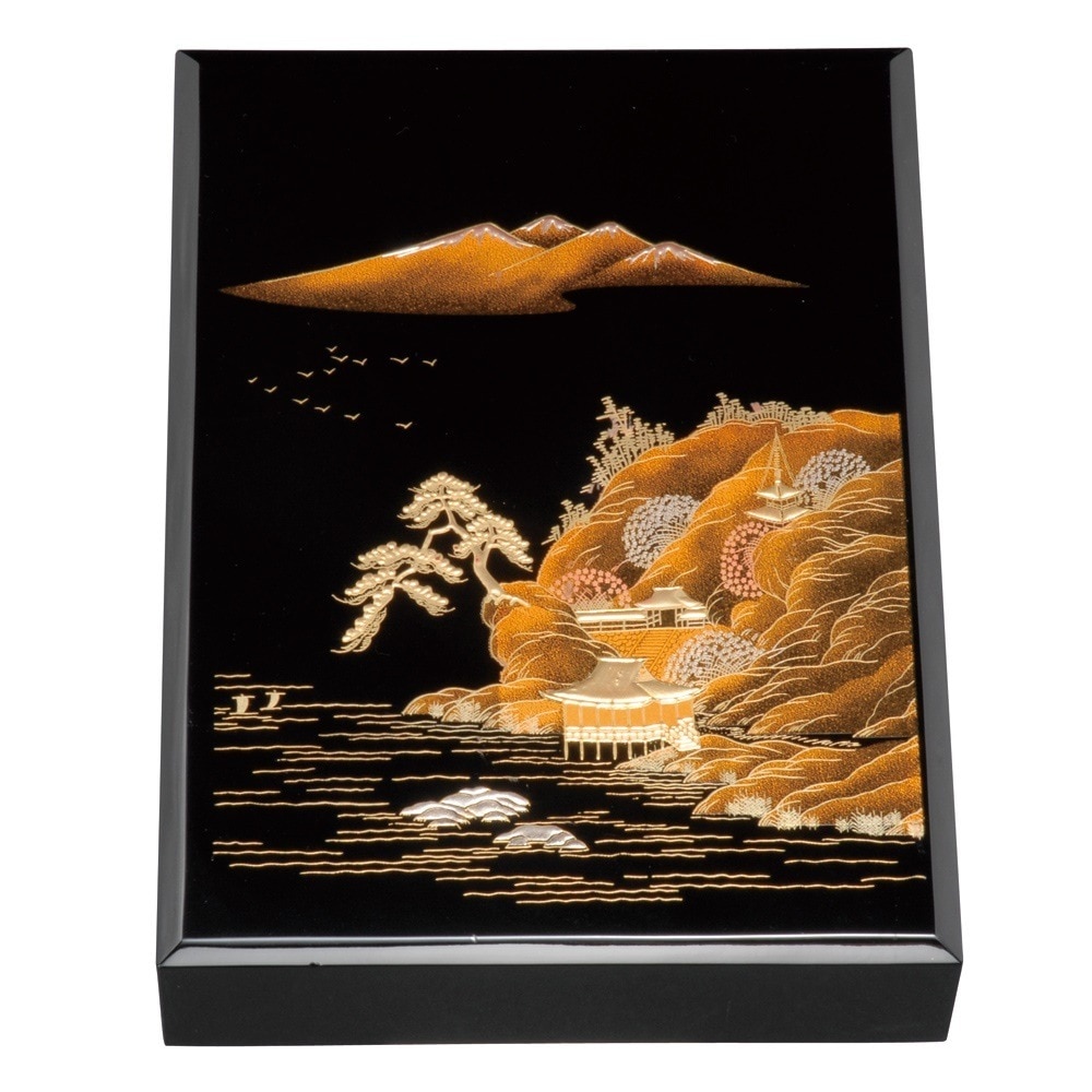 紀州塗り 尺1寸 木製加伏文庫 黒 山水景蒔絵(A4判)
