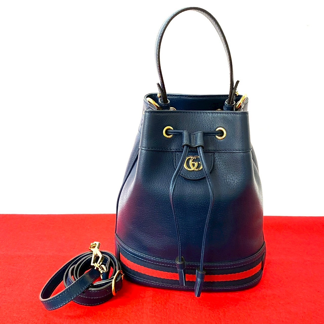 オフィディア スモールバケット シェリーライン GG ロゴ 金具ショルダーバッグ レザー ネイビー 37026