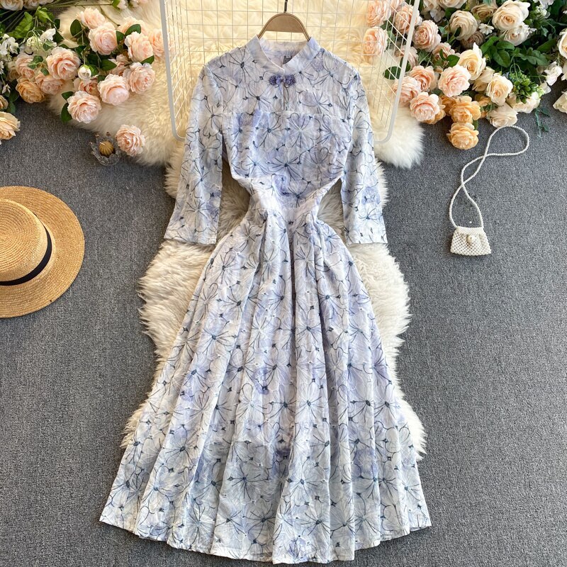 ワンピース レディース フレアワンピース ロング丈 長袖 柄 花柄 フラワー 春 秋 セミフレア