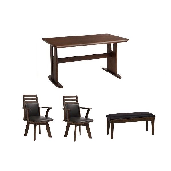 4点セットダイニングテーブル1台＆回転チェア2脚＆ベンチ1脚セット 木製 ブラッシング加工 ダークブラウン