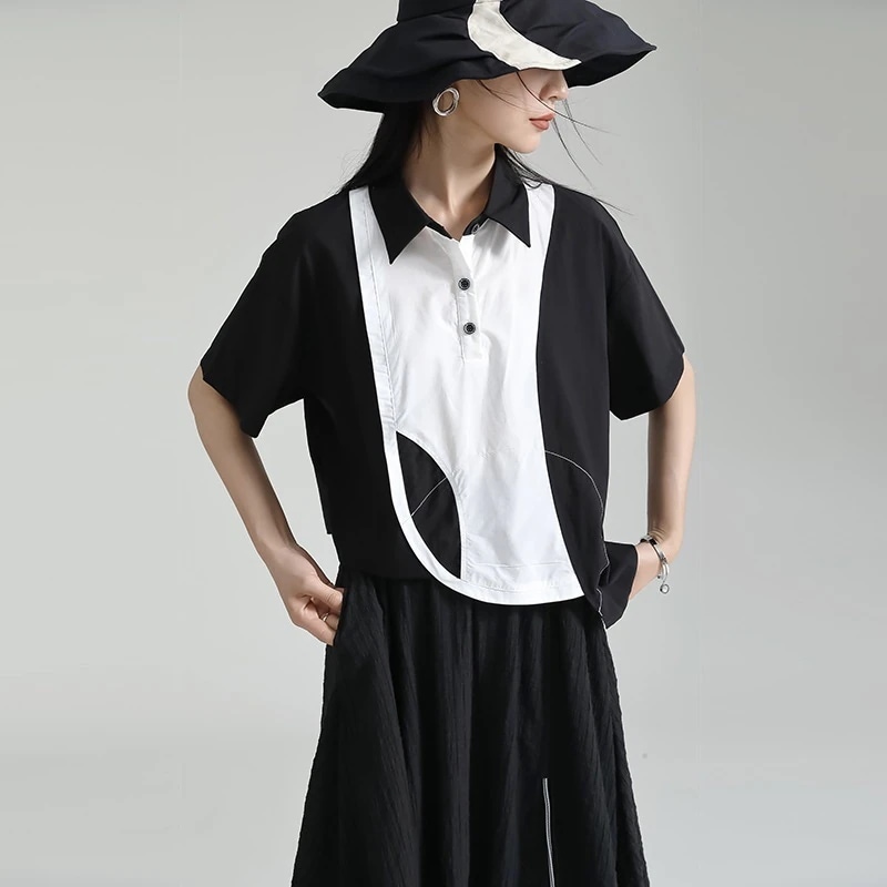 の暗黒風コントラストカラー不規則個性的シャツ女2024夏半袖ブラウストップス