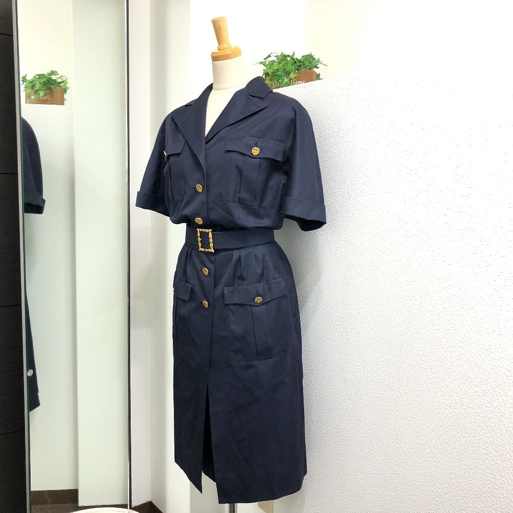 ワンピース ヴィンテージ ココシャネルボタン ベルト付き シャツ スカート アパレル コットン ネイビー