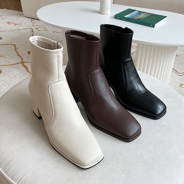 ショートブーツ 牛革 スクエアトゥ サイドジップ レディース ミドルヒール チャンキーヒール 太ヒール 黒 茶色 ブラック ブラウン アイボリー 靴 婦人靴 韓国