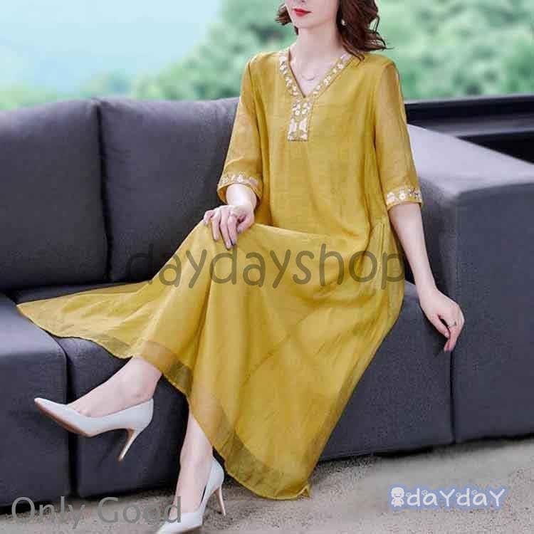 本日の新製品 2色!ワンピース レディース 40代 20代 夏 半袖 きれいめ 上品 綿麻ワンピース Vネック ロング丈 大きいサイズ パーティードレス おしゃれ 風 着痩せ 新品