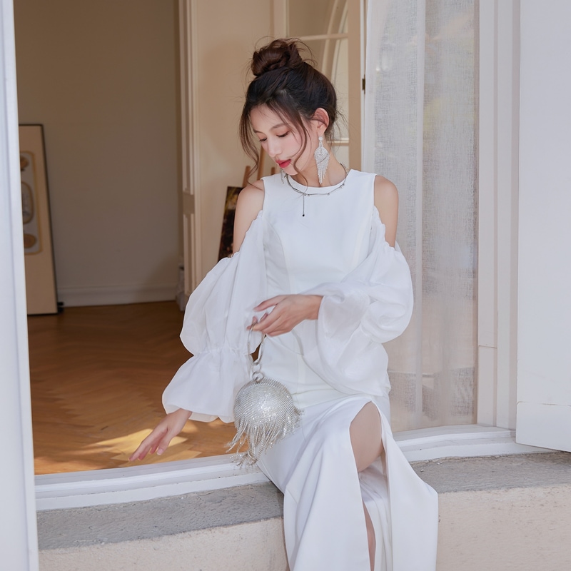 ドレス パーティー 披露宴 演奏会 発表会 衣装 ロング マキシ ボリューム バルーンスリーブ ラウンドネック オフショル スレンダー スリム シースルー サイドスリット 可愛い きれいめ 大人可愛い 11,993円