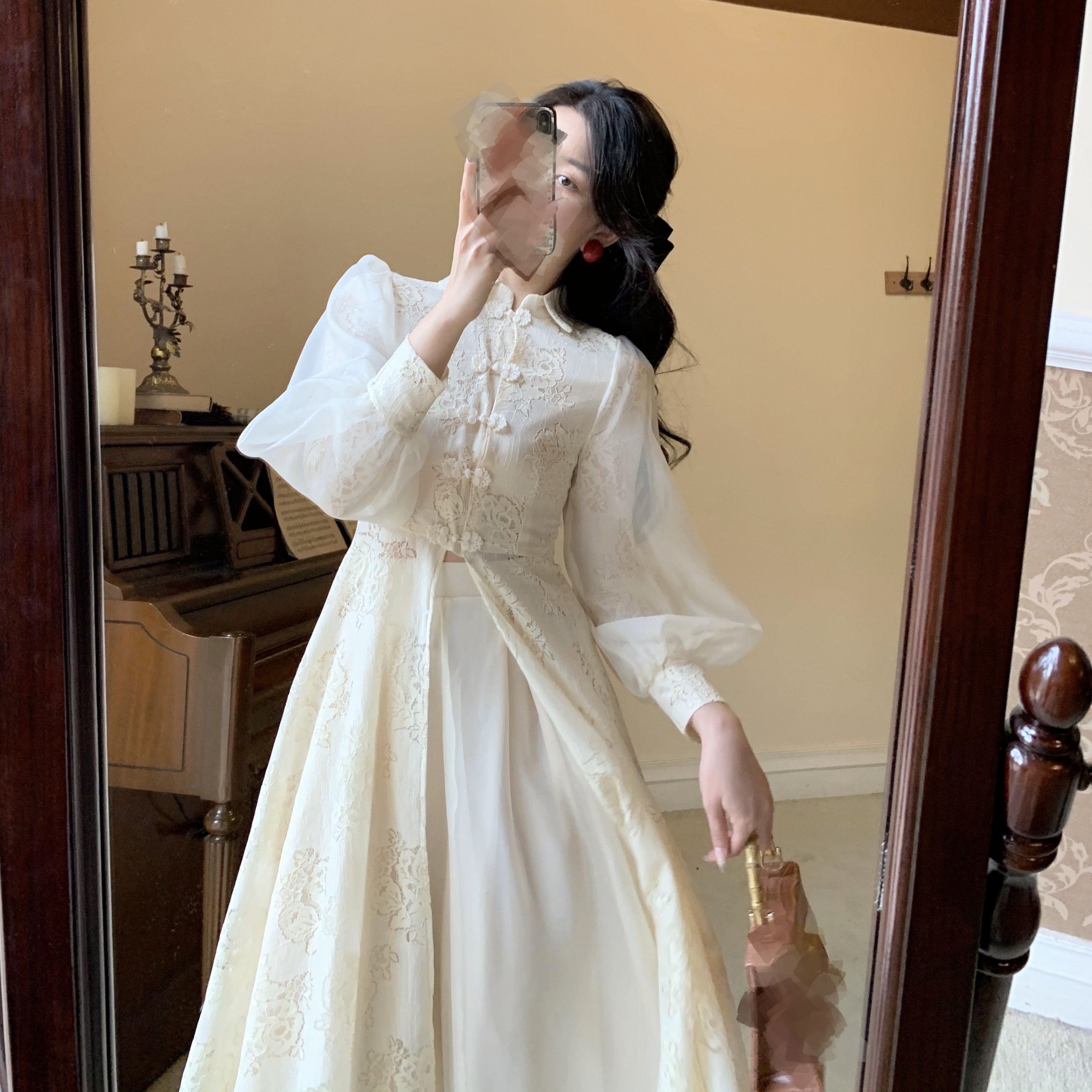 チャイナドレス 改良 レディース パーティードレス エレガント 気質 長袖 ロングワンピース スカート 2点セット