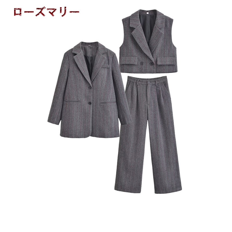 欧米風2023.11.07 秋冬 新作 ゆったりカジュアルスーツジャケットベスト ブレザー ハイウエストパンツストレートパンツ 3点セット 2311152