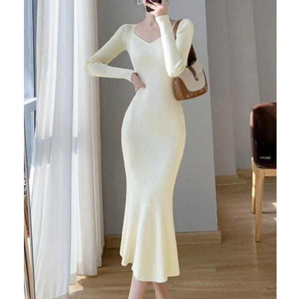 52ニットワンピース ロングマーメイドワンピ 韓国 リブワンピース長袖 裾フレア タイトワンピース きれいめニットドレス秋冬 細見えワンピース