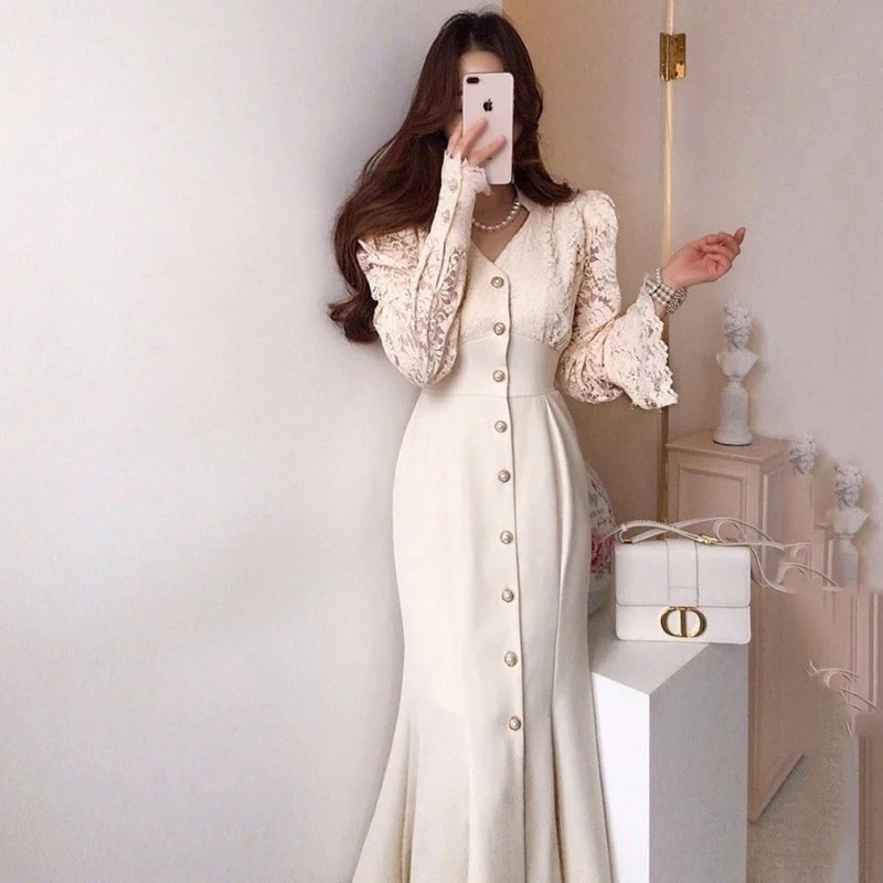 韓国ファッション レディース Vネック レディース レース ワンピース ロングワンピース 長袖 ドレスパーティードレス 気質