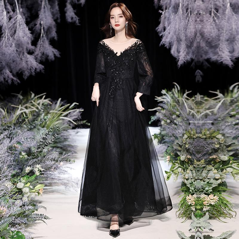 カラードレス ロングドレス 演奏会 発表会 カクテルドレス ブラック 長袖 イブニングドレス ファスナー 黒 大人 パーティードレス おしゃれ ファッション