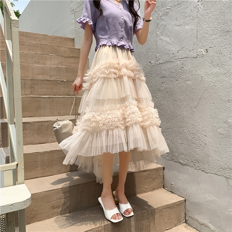 【1つ買うと10つ無料】春と夏の不規則なケーキスカート汎用ハイウエストレイヤードメッシュスプライシングロングスカートスーパープリンセスビッグヘムスカート