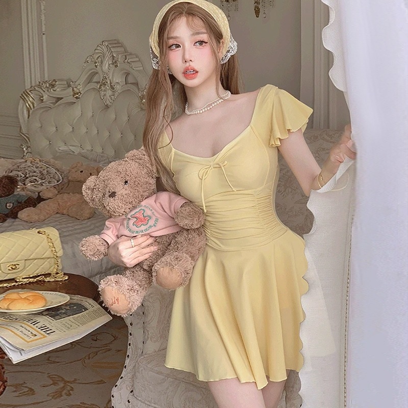 【1つ買うと10つ無料】女性のための水着片方のソリッドカラースイートスカートスタイル保守的なスリムフィット肉と腹部の学生温泉水着