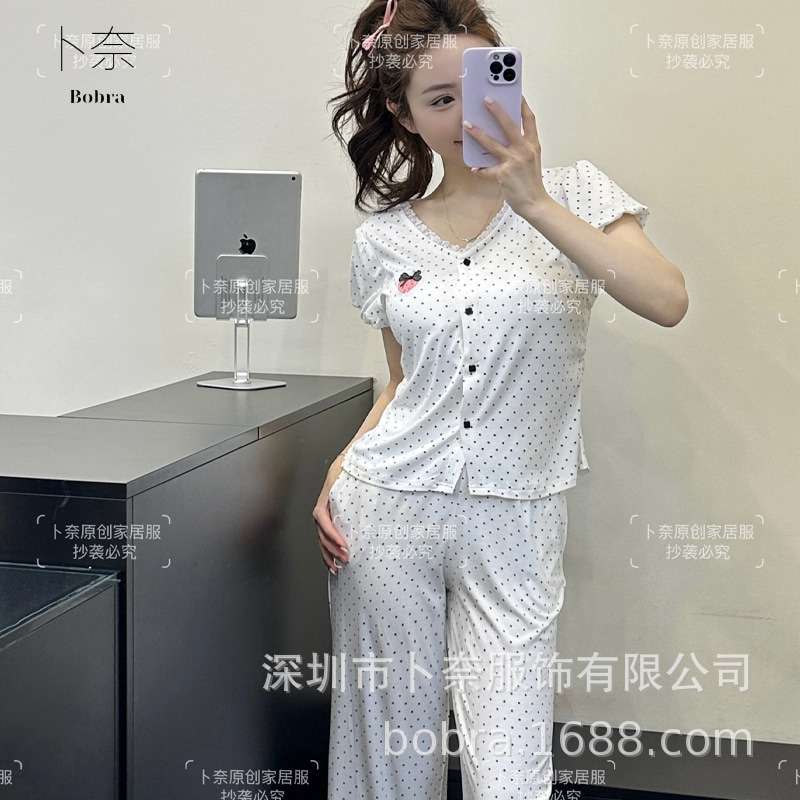 春と夏のオリジナルカーディガン半袖パジャマ漫画ミッキー水玉模様のスーツゆったりカジュアルカレッジスタイルのホームウェア女性用