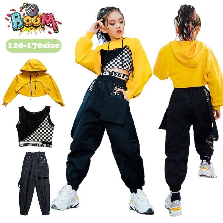 【本日限定】キッズダンス 衣装 セットアップ パーカー 黒パンツ へそ出し タンクトップ パンツ 女の子 トップス 子供服 ヒップホップ ダンス衣装 ストリート 原宿系 b系 体操服 練習着 レッスン