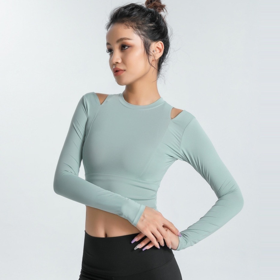 ヨガウェア 上品 カットオフ 長袖トップス ブラカップ付き 白 ホワイト 黒 ブラック 緑 グリーン 青 ブルー 韓国 レディース オルチャン カットソー ホットヨガ ジム エクササイズ