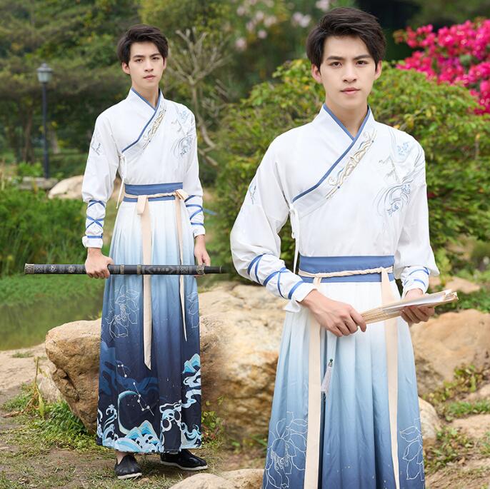 漢服 メンズコスプレ衣装 華流 コスチューム 唐装漢服 刺繍柄 グラデーション 漢服 ハロウィン 文化祭 学園祭 イベント 変身仮装 古代 美男子 衣装 ブルー