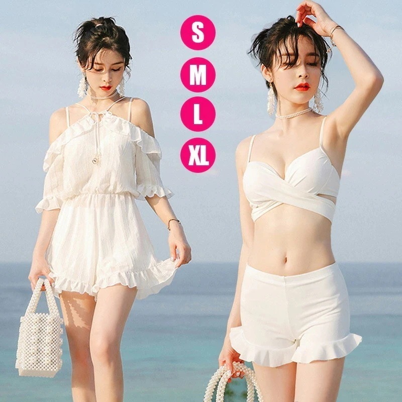 ／ 白 水着 レディース 体型カバー セパレート 水着 ビキニ 3点セット ショートパンツ 水着 白 ワンピース オフショルダー 露出控えめ オトナ女子 風 かわいい セクシー お洒落 肩