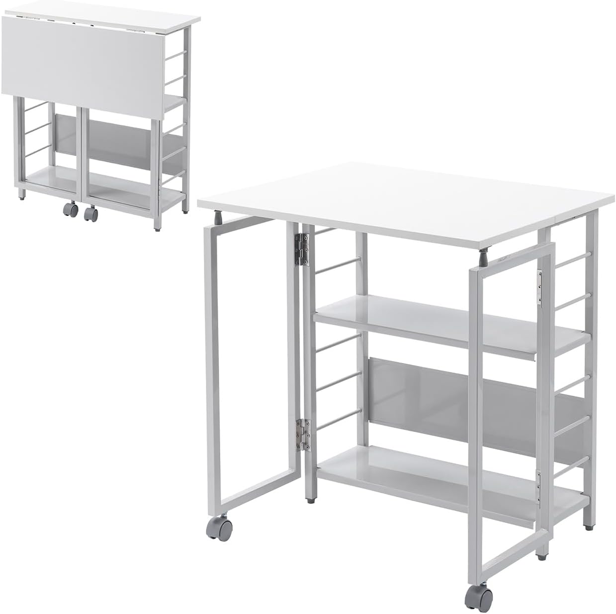 サンワダイレクト 折りたたみデスク キャスター付き 幅65×奥行53×高さ70cm 耐荷重50kg 折りたたみテーブル パソコンデスク コンパクト 収納 ラック付き ホワイト