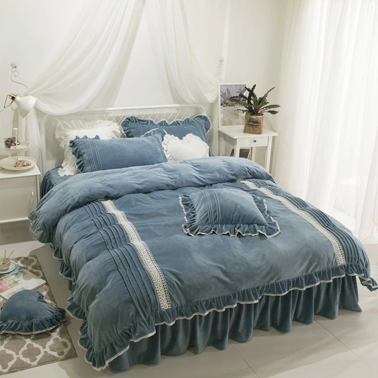 大流行の全6色 布団カバーセット 韓国風 フリル レース ブルー 白 ピンク グリーン パープル グレー 寝具カバーセット 3点セット 4点セット 冬 可愛い 掛け布団カバー 敷きカバー ベッドスカー