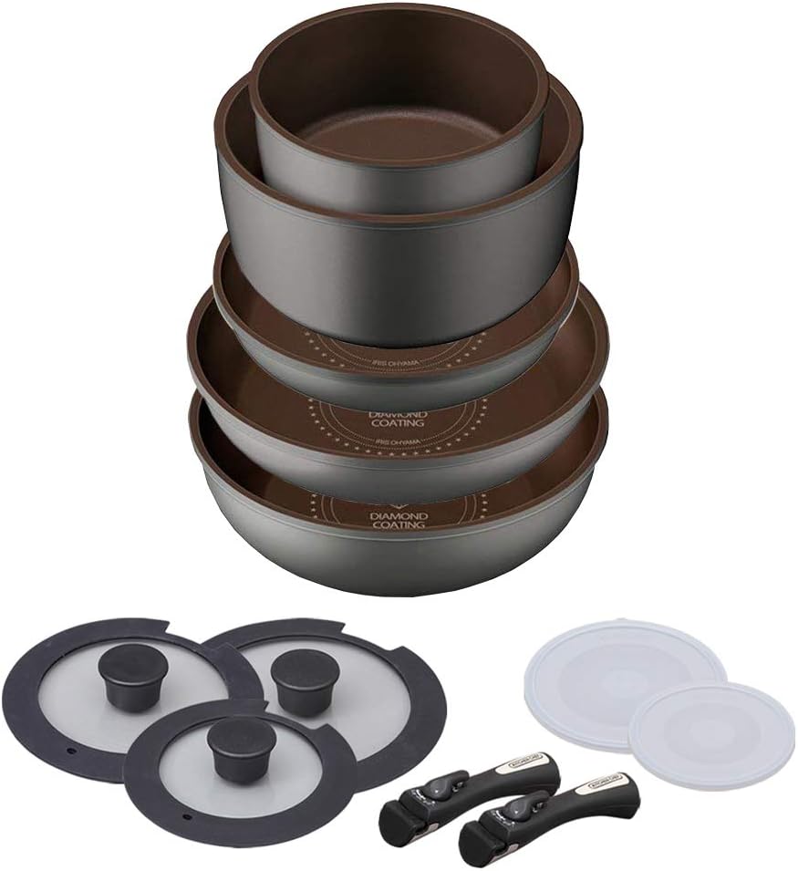 アイリスオーヤマ フライパン 鍋 セット ガス火 IH対応 12点 ダイヤモンドコート 取っ手のとれる 軽量 こびりつかずにお手入れ簡単 H-IS-SE12