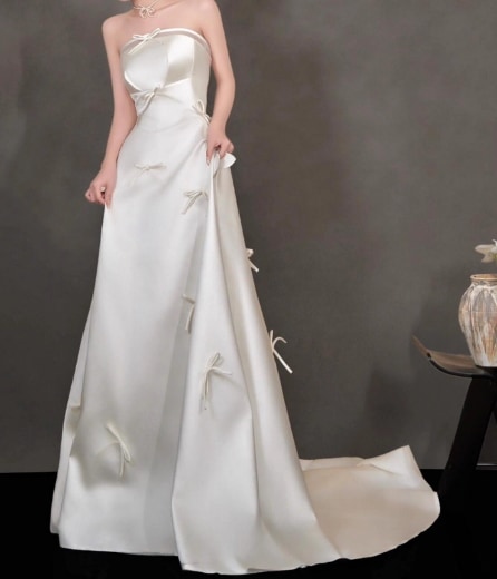 フランス風 ウェディングドレス ベアトップ リボン デザイン感 Aライン 結婚式/披露宴