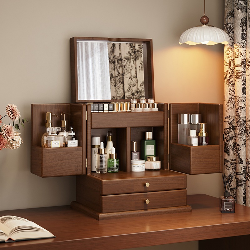 ソリッドウッド化粧品収納ボックスデスクトップハイエンドセンス大容量スキンケアジュエリーボックスミラーストレージキャビネットと統合された