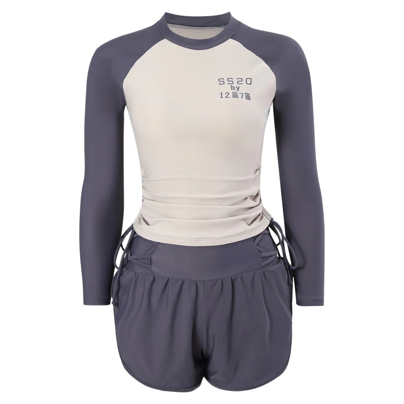 水着レディース温泉遮肉腹水泳衣装別長袖日焼け止めセクシー痩せ見え大人水着スカート式別体灰色水着40-60 kg